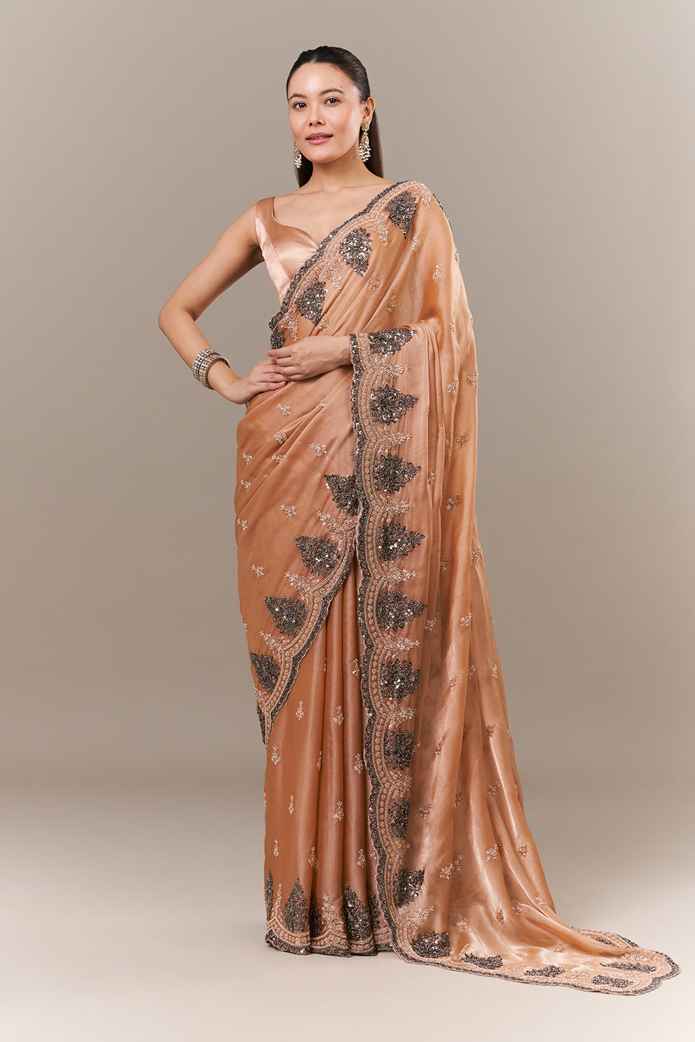 Peach Glass Organza Saree with Sequin and Cutdana Work