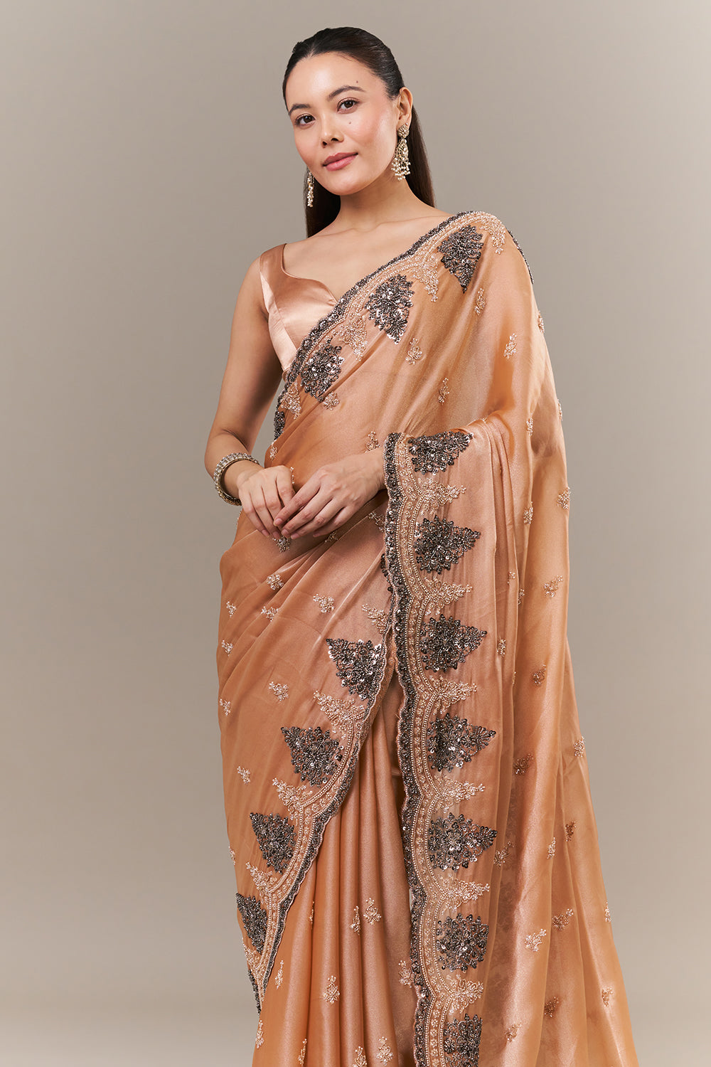 Peach Glass Organza Saree with Sequin and Cutdana Work