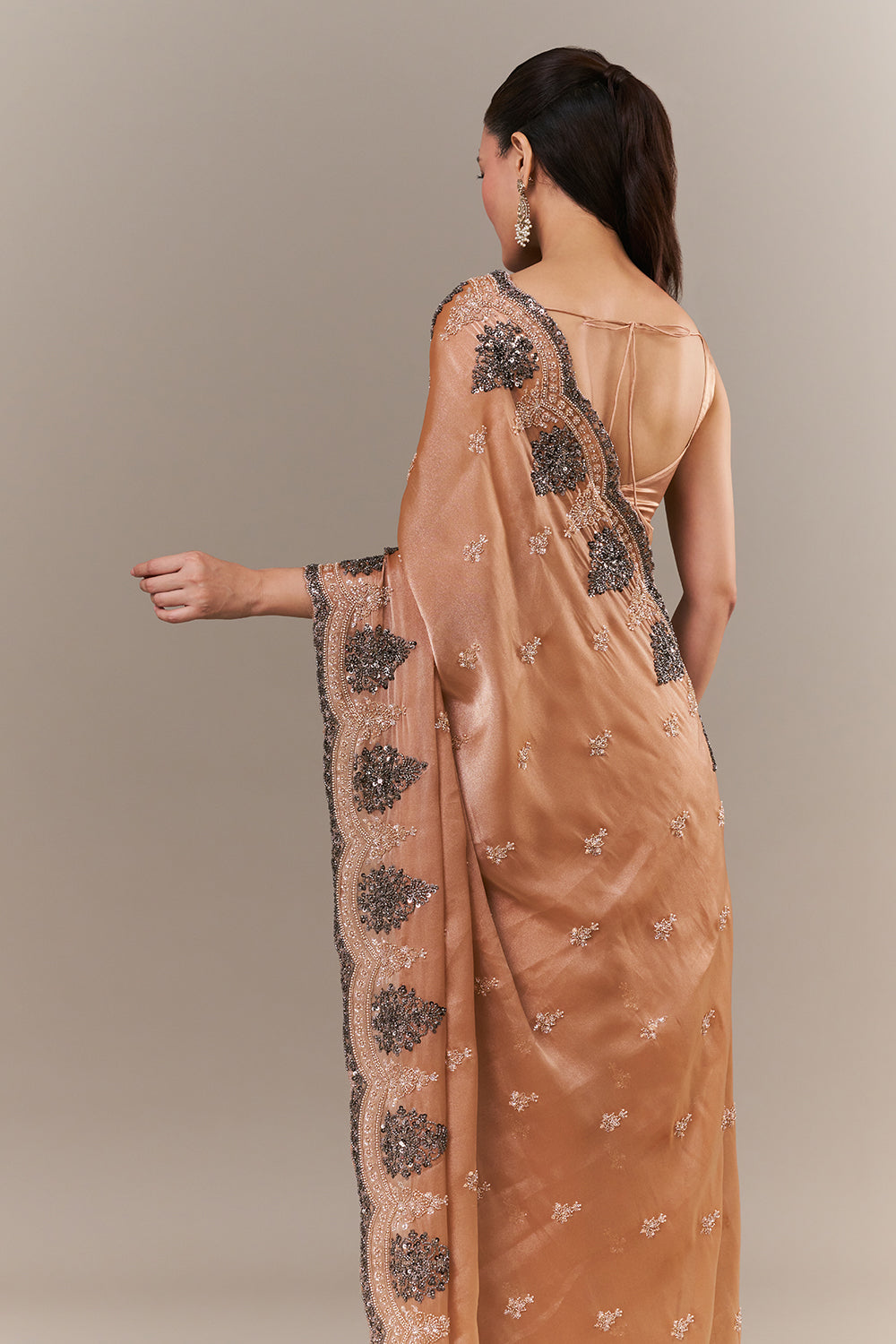 Peach Glass Organza Saree with Sequin and Cutdana Work