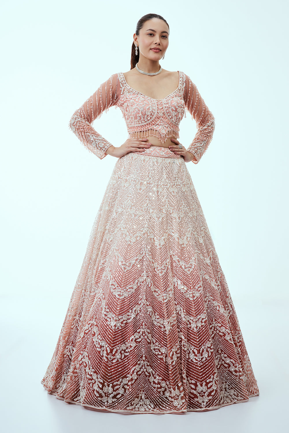 Peach Ombre Net Lehenga with Sequin and Moti Embroidery