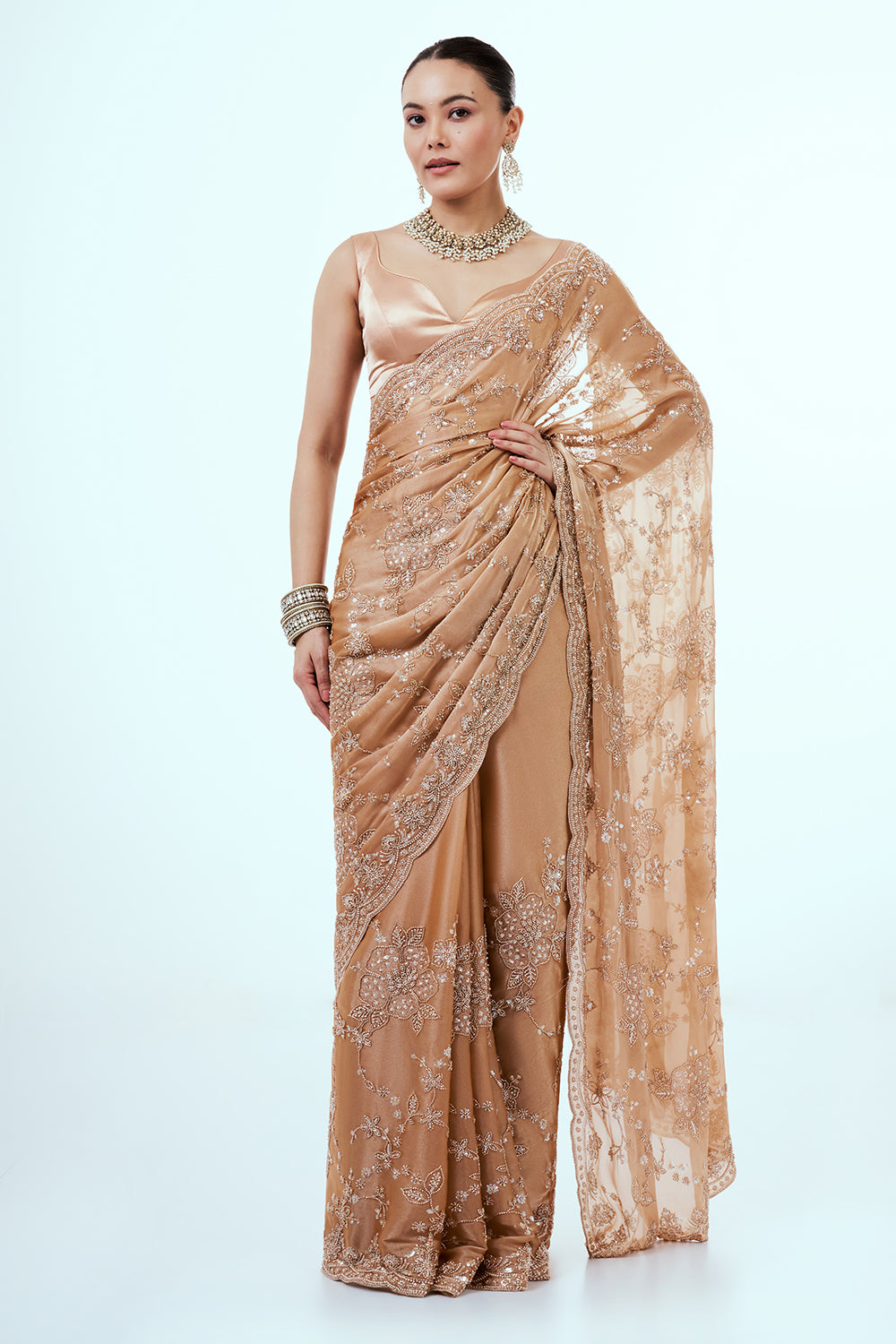 Peach Organza Saree with Cutdana and Stone Embroidery