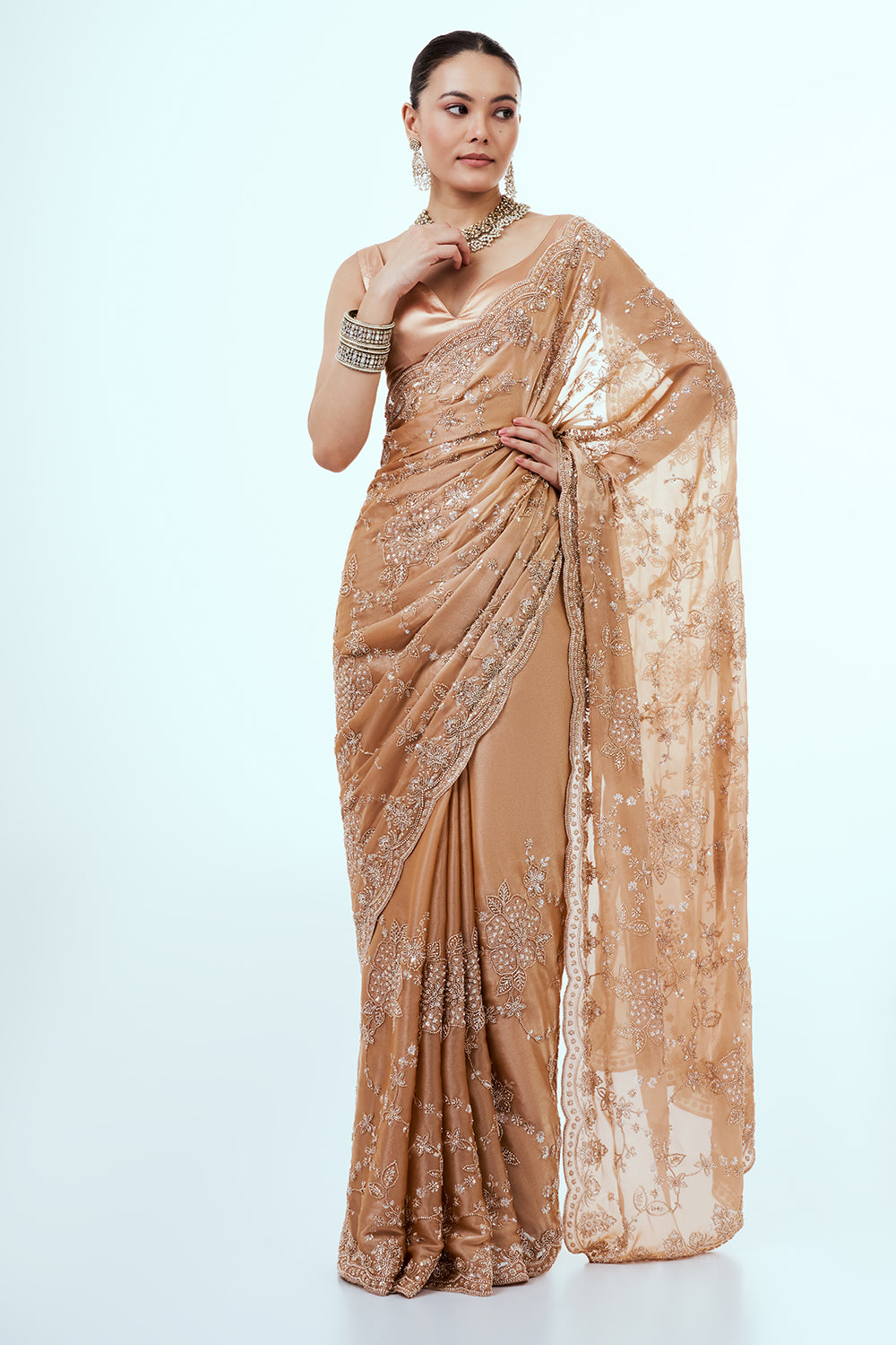 Peach Organza Saree with Cutdana and Stone Embroidery