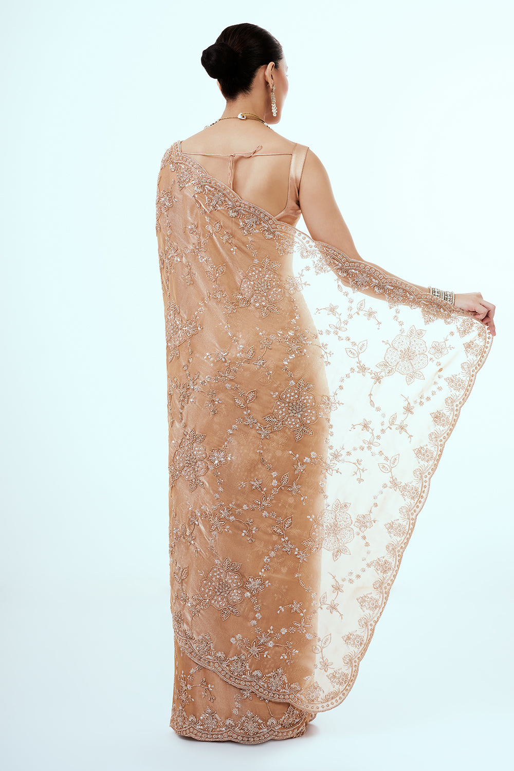 Peach Organza Saree with Cutdana and Stone Embroidery