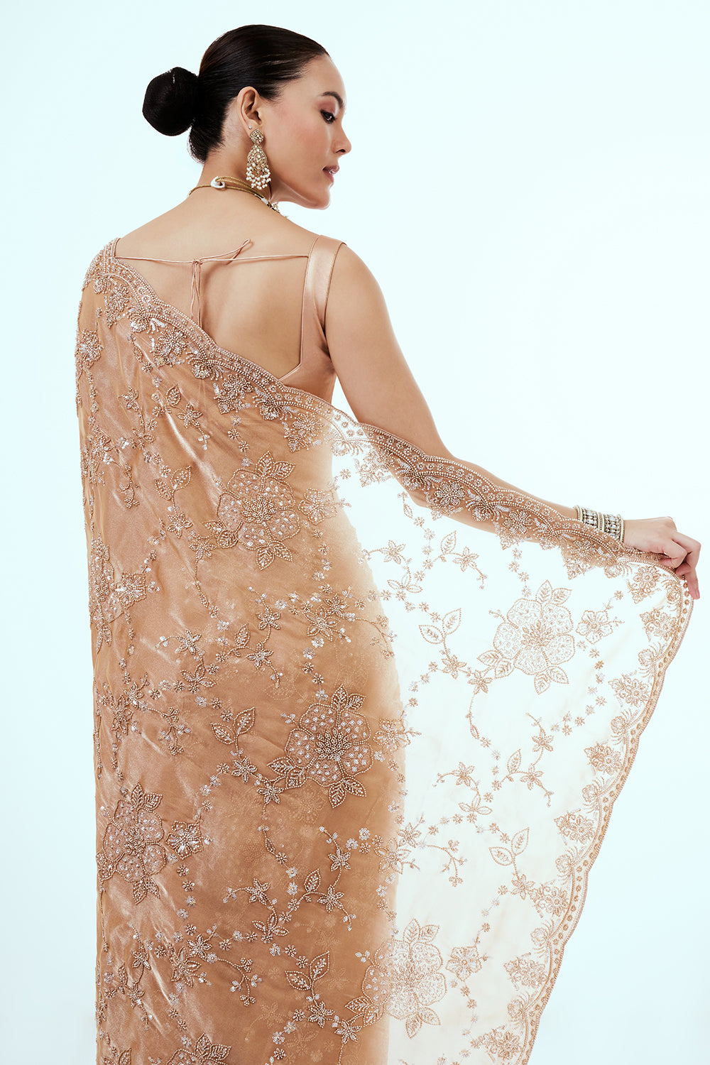 Peach Organza Saree with Cutdana and Stone Embroidery