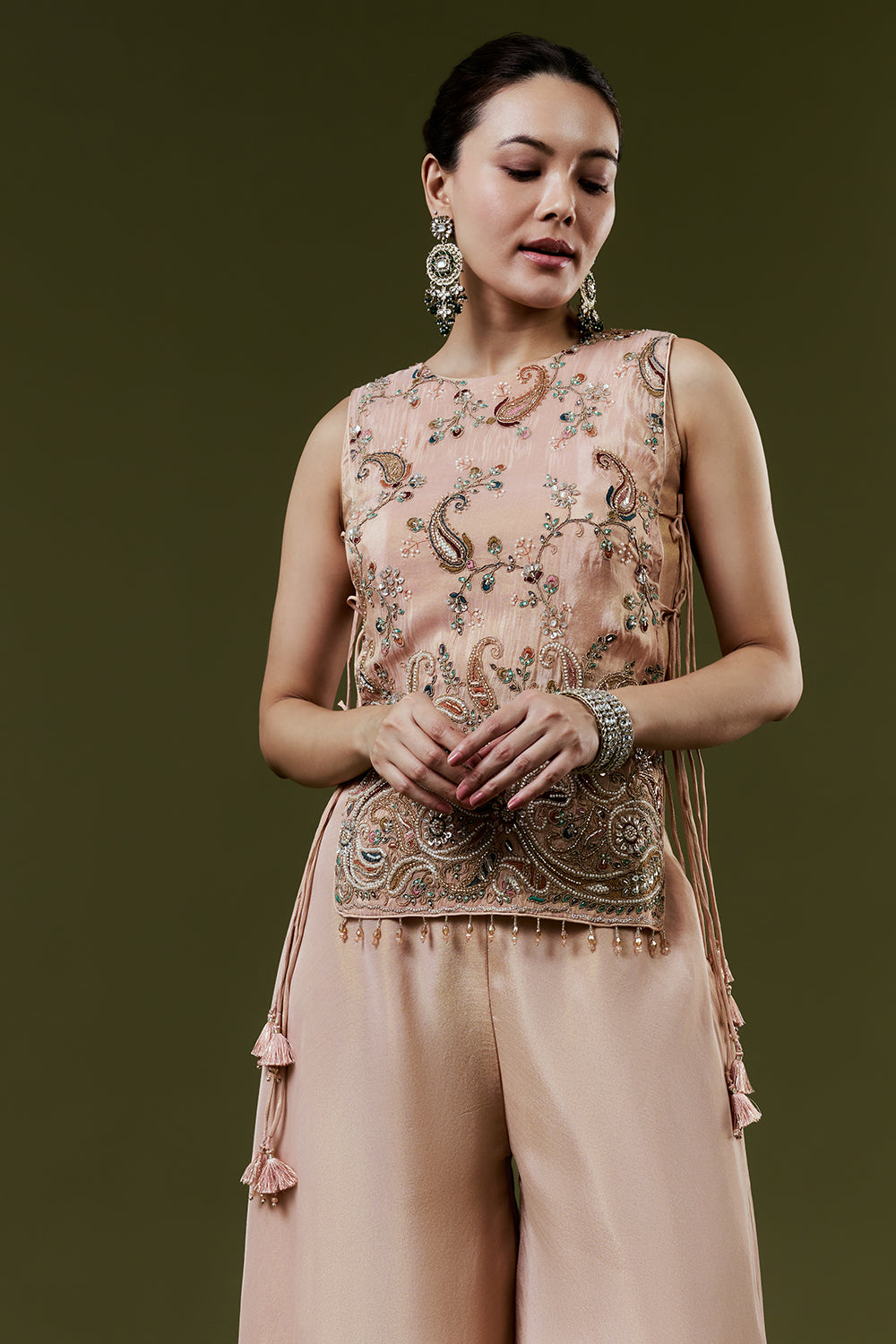 Peach Shimmer Tissue Palazzo Suits With Sequins and Cutdana Work