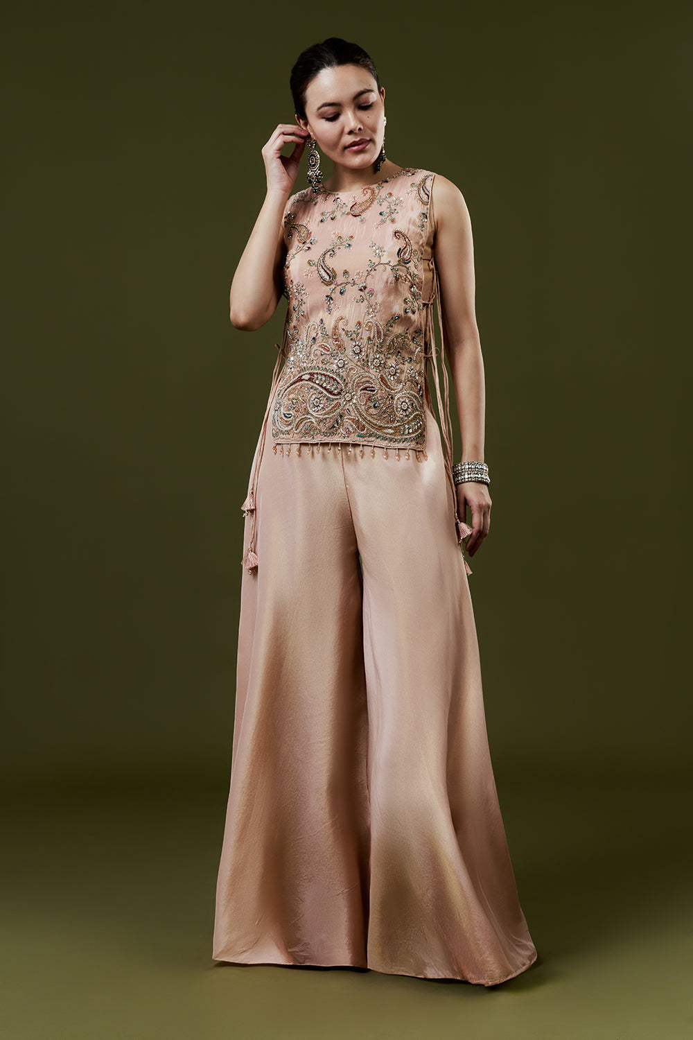 Peach Shimmer Tissue Palazzo Suits With Sequins and Cutdana Work