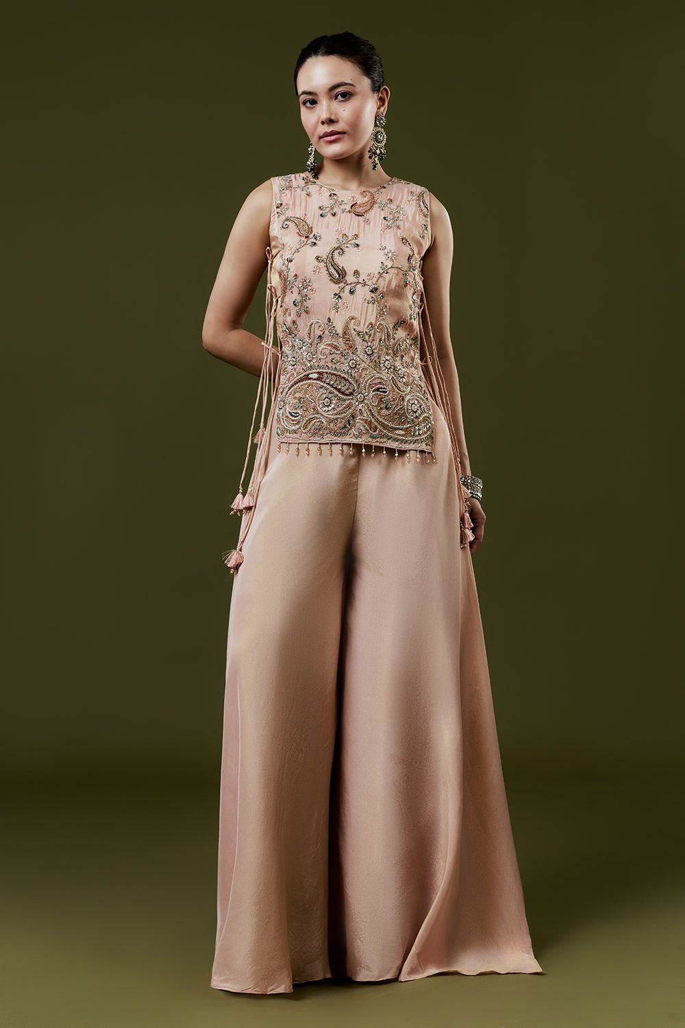 Peach Shimmer Tissue Palazzo Suits With Sequins and Cutdana Work