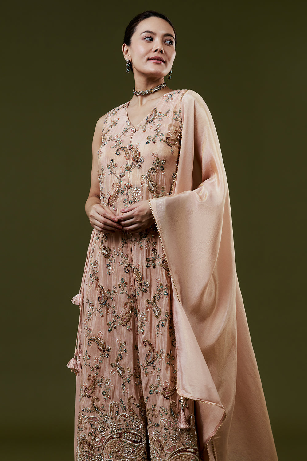 Peach Shimmer Tissue Palazzo Suits With Resham and Cutdana Work
