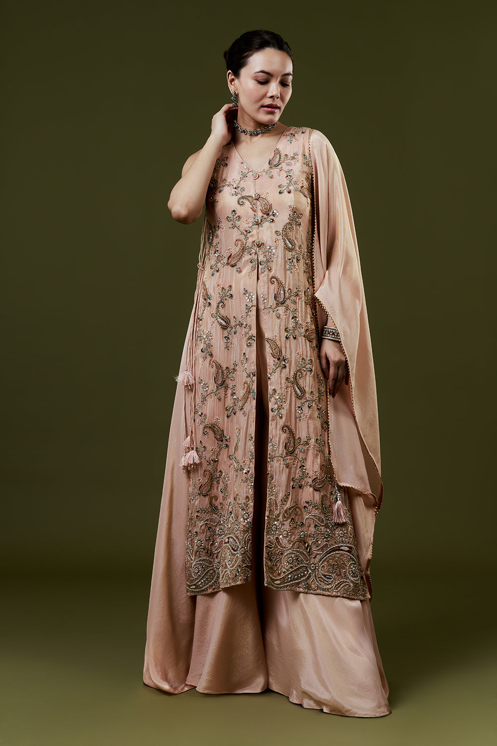 Peach Shimmer Tissue Palazzo Suits With Resham and Cutdana Work