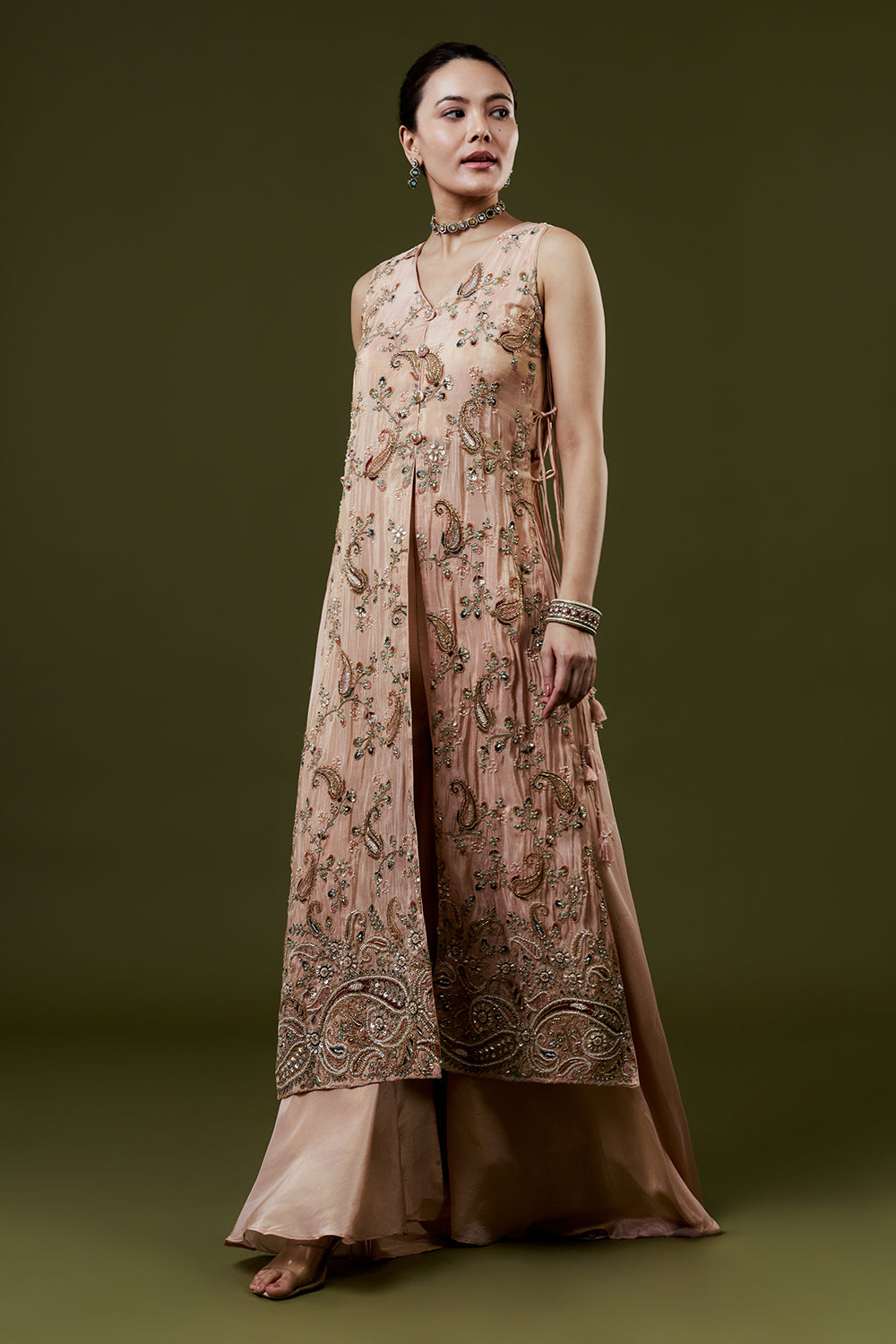 Peach Shimmer Tissue Palazzo Suits With Resham and Cutdana Work