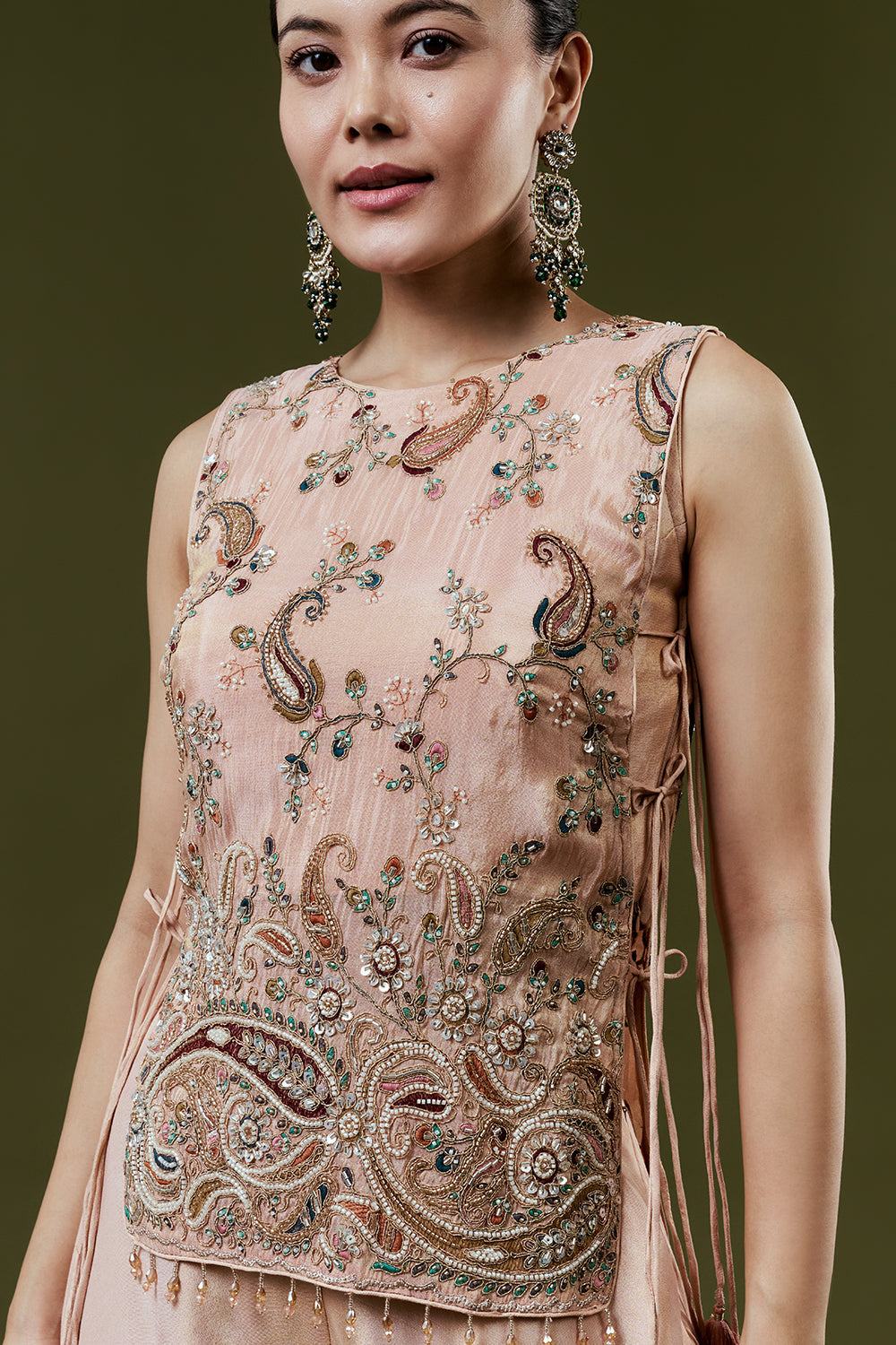 Peach Shimmer Tissue Palazzo Suits With Sequins and Cutdana Work