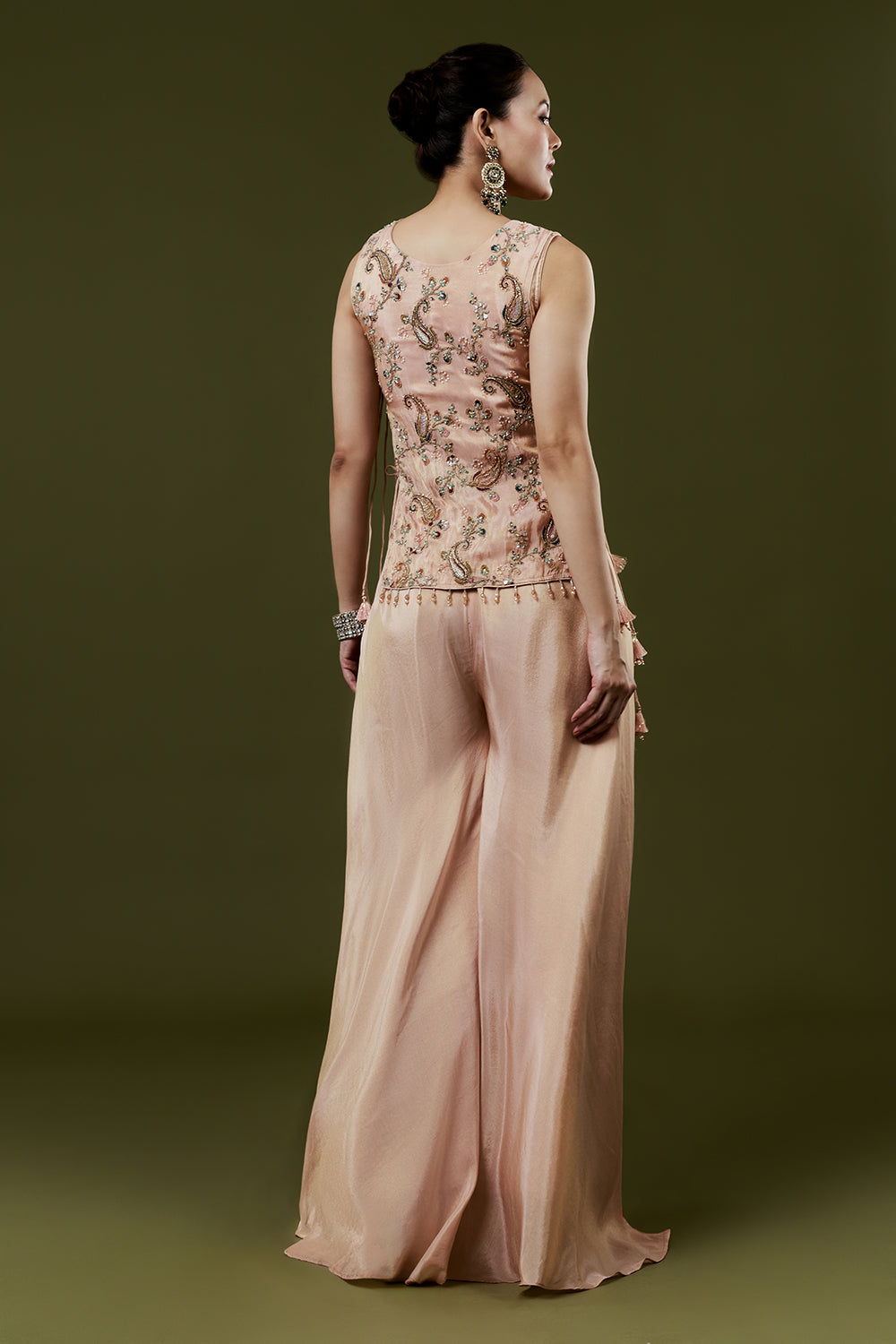 Peach Shimmer Tissue Palazzo Suits With Sequins and Cutdana Work