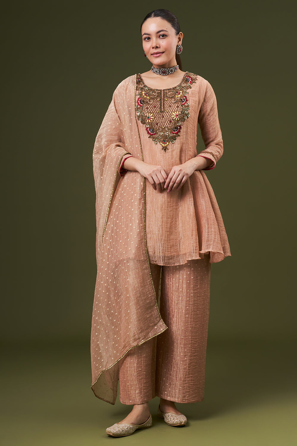 Peach Tissue Salwar Kameez with Thread and Zari Work