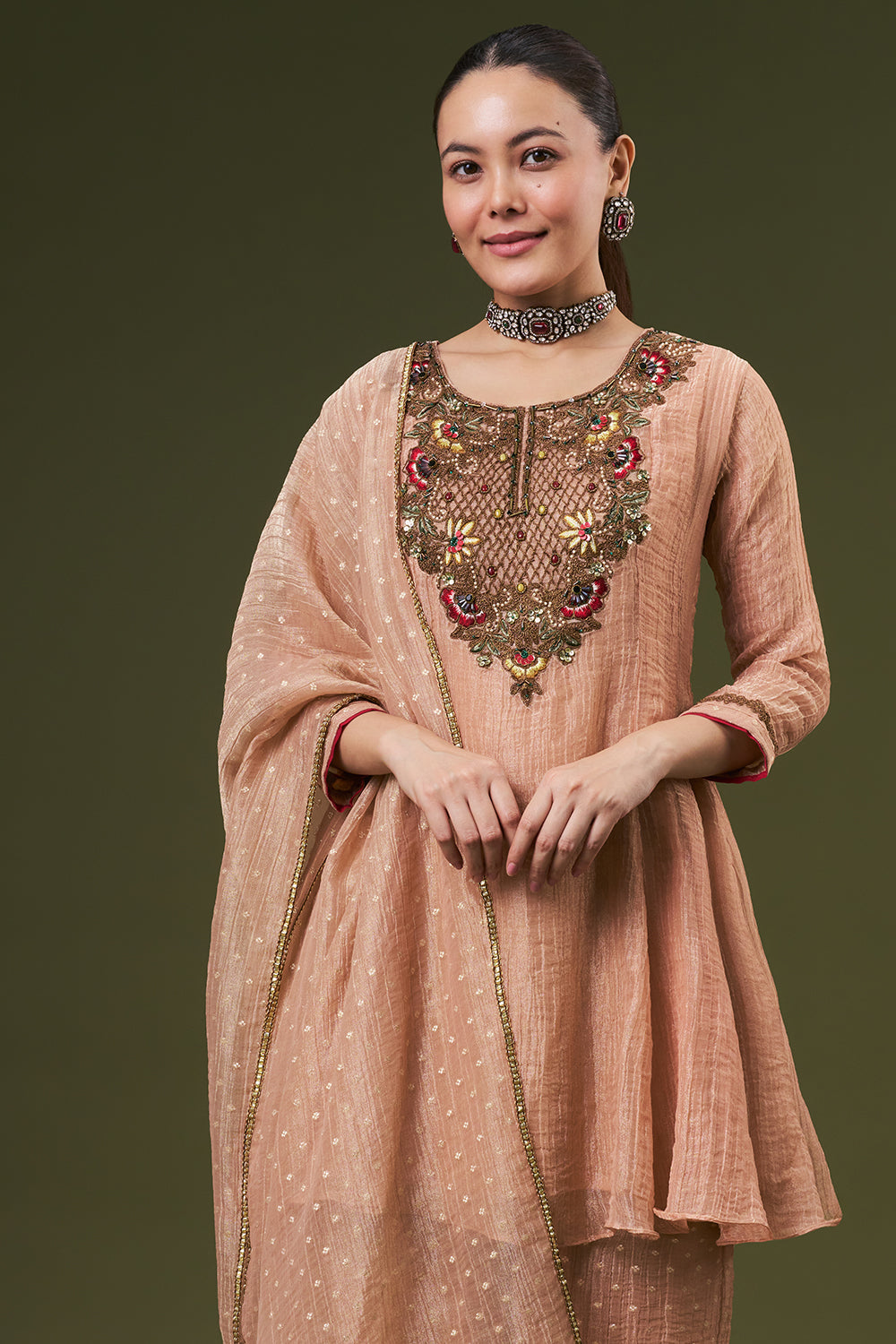 Peach Tissue Salwar Kameez with Thread and Zari Work