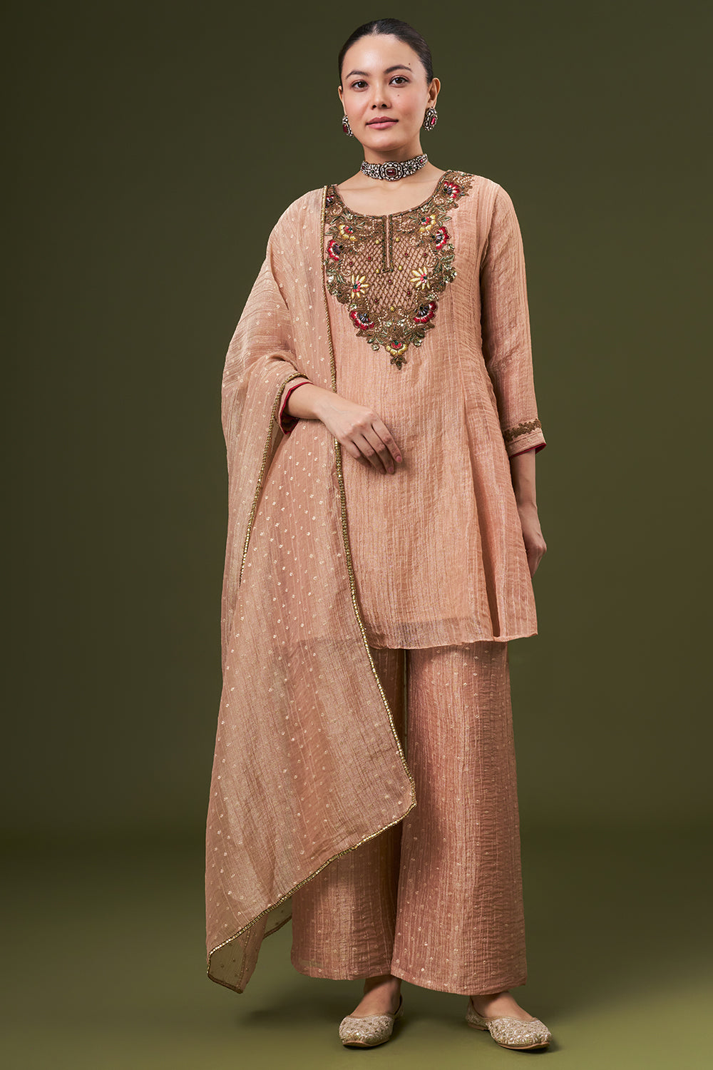 Peach Tissue Salwar Kameez with Thread and Zari Work