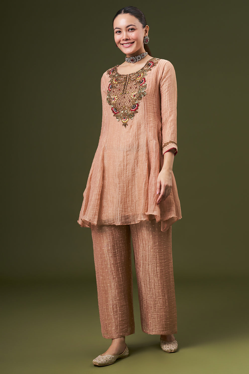 Peach Tissue Salwar Kameez with Thread and Zari Work