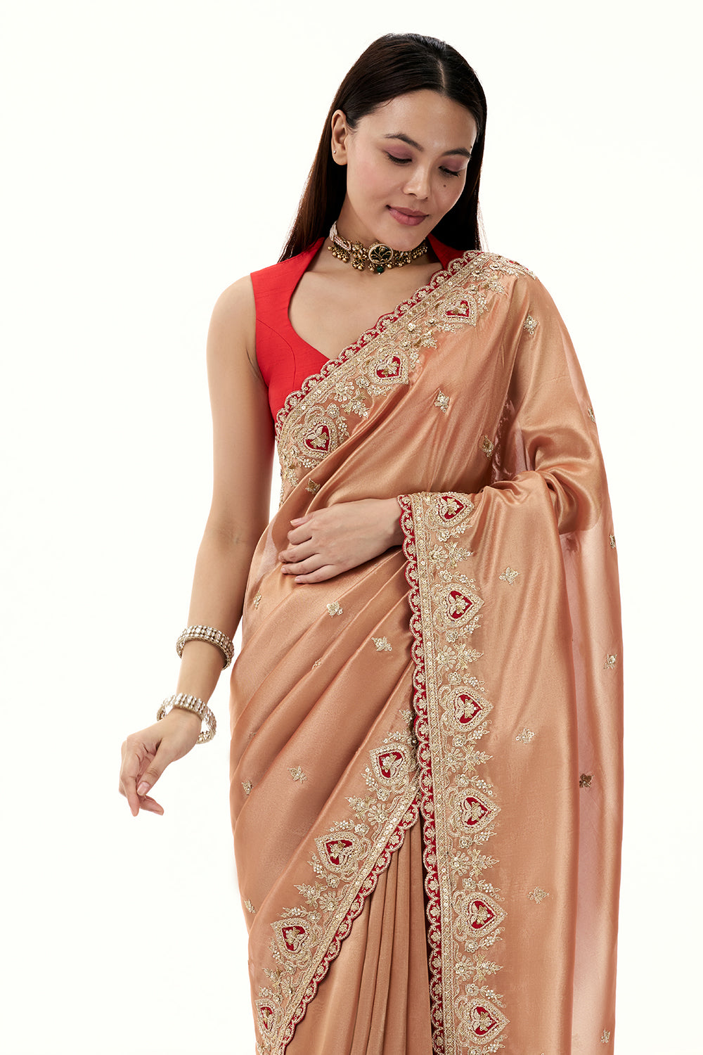 Peach Tissue Silk Saree with Sequin and Zari Work