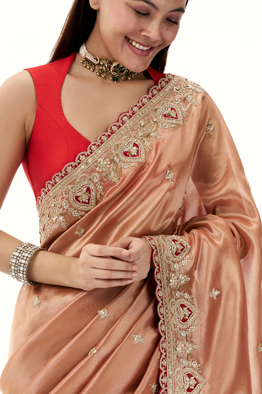 Peach Tissue Silk Saree with Sequin and Zari Work