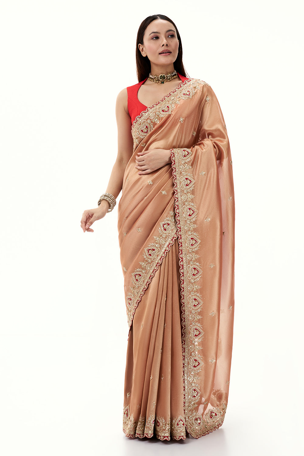 Peach Tissue Silk Saree with Sequin and Zari Work