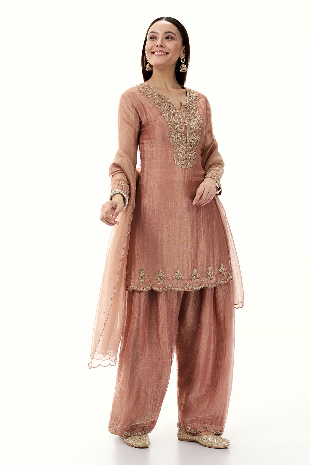 Peach Tissue Suit with Zardosi and Zari Work