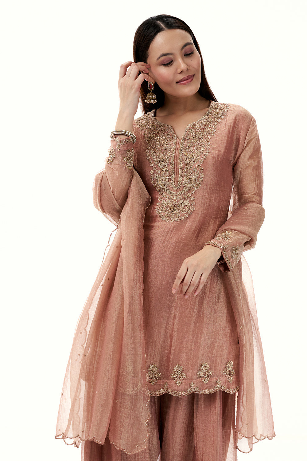 Peach Tissue Suit with Zardosi and Zari Work
