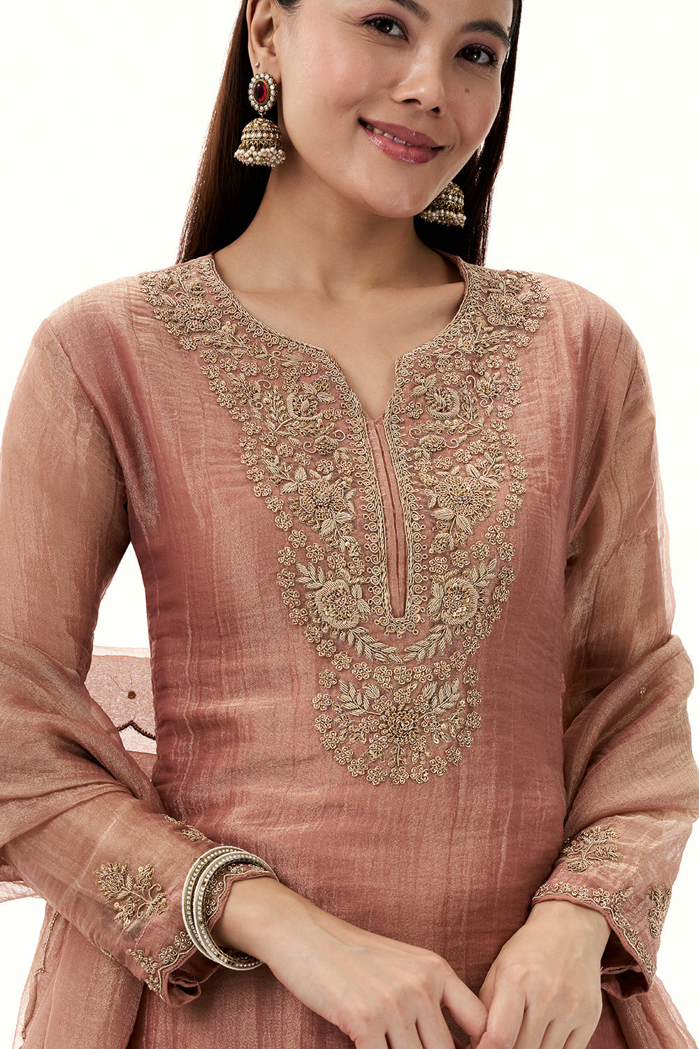 Peach Tissue Suit with Zardosi and Zari Work