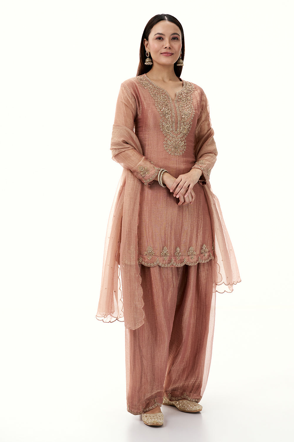 Peach Tissue Suit with Zardosi and Zari Work