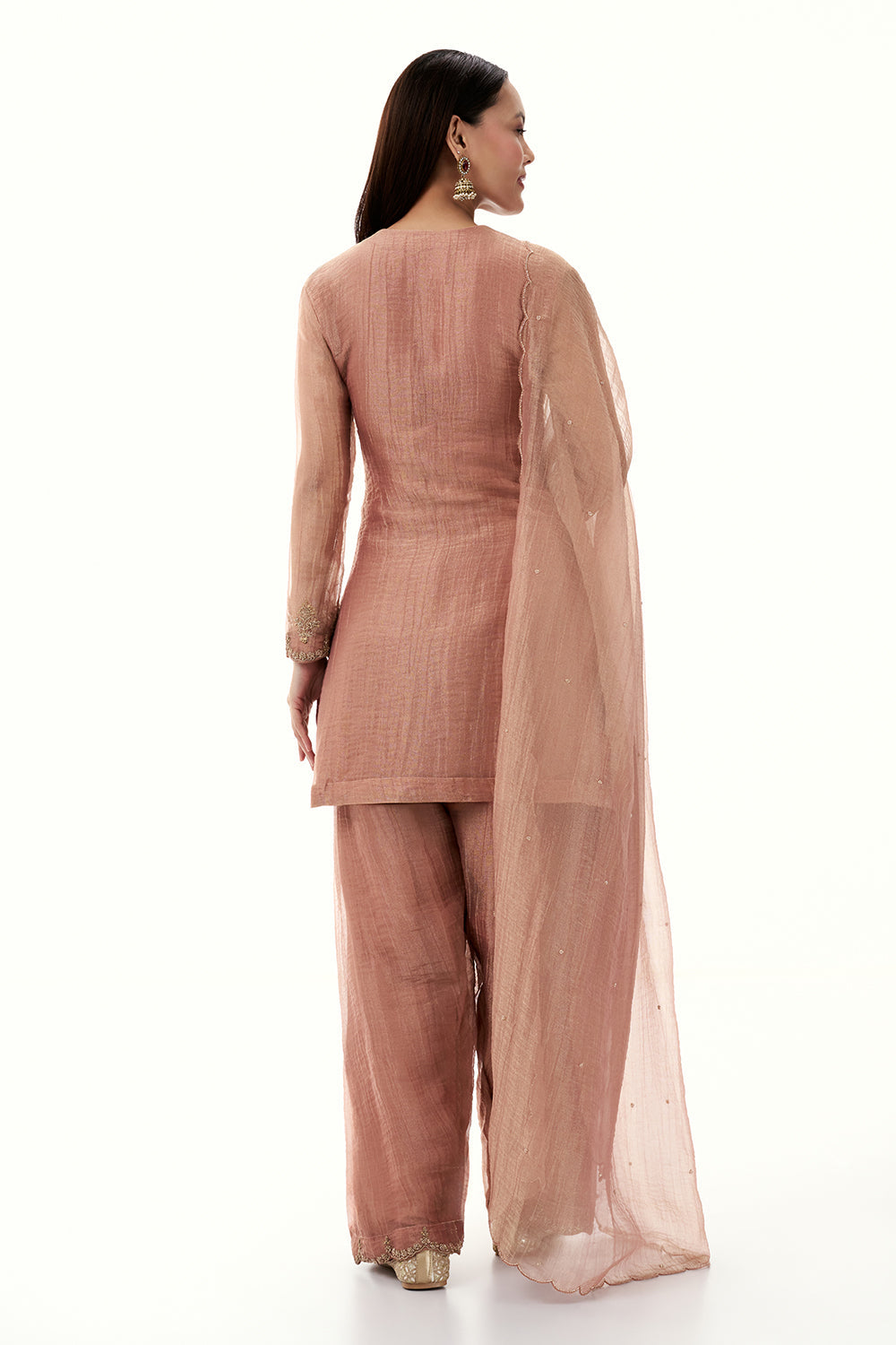 Peach Tissue Suit with Zardosi and Zari Work