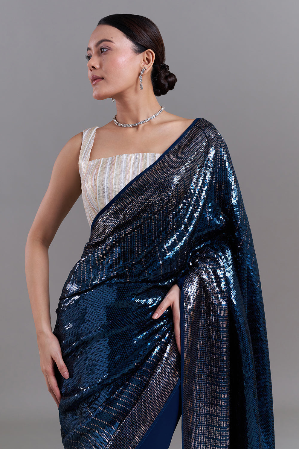 Peacock Blue Georgette Saree with Sequin Detailing