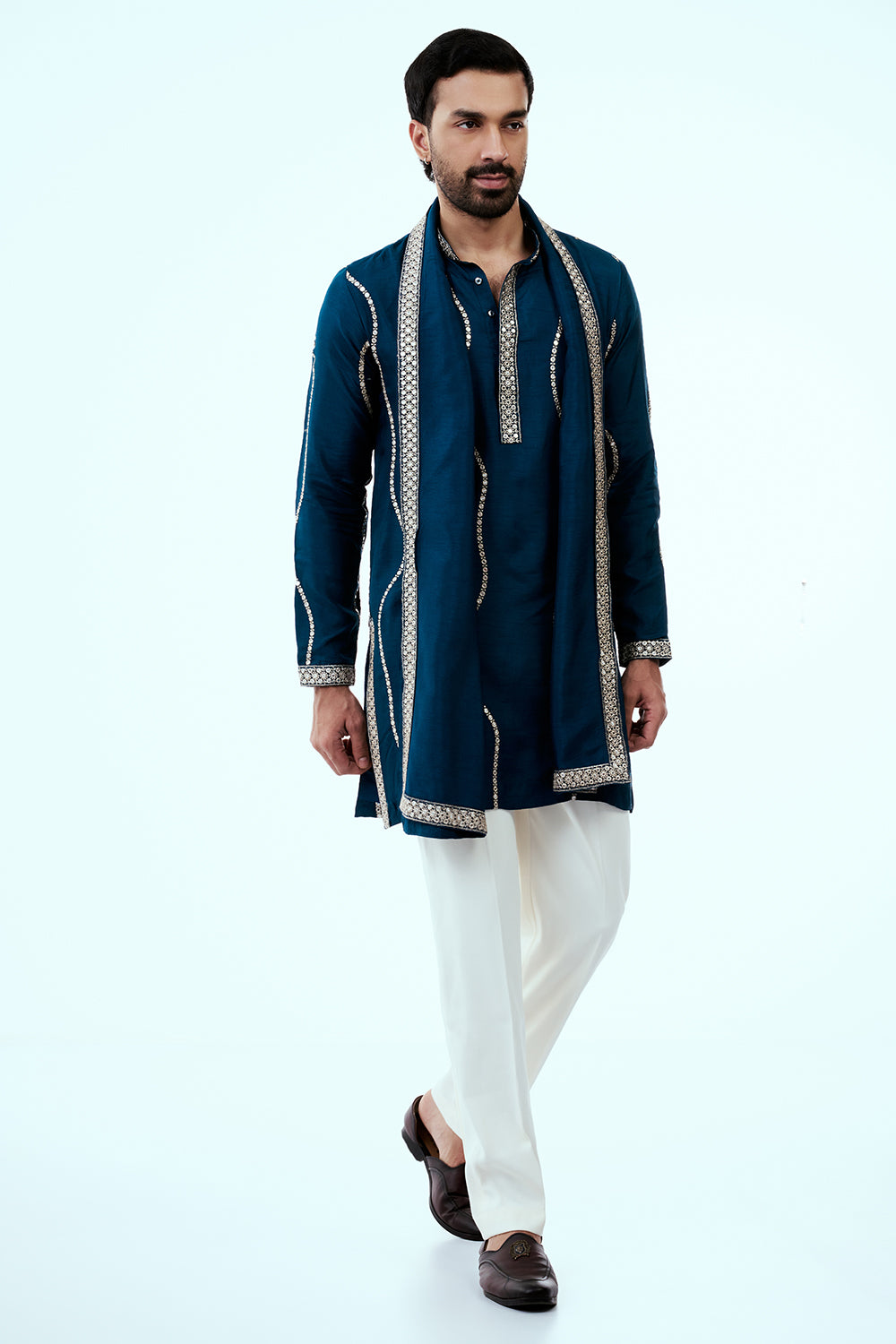 Peacock Blue Nokia Silk Mens Kurta Set with Mirror and Embroidered Work