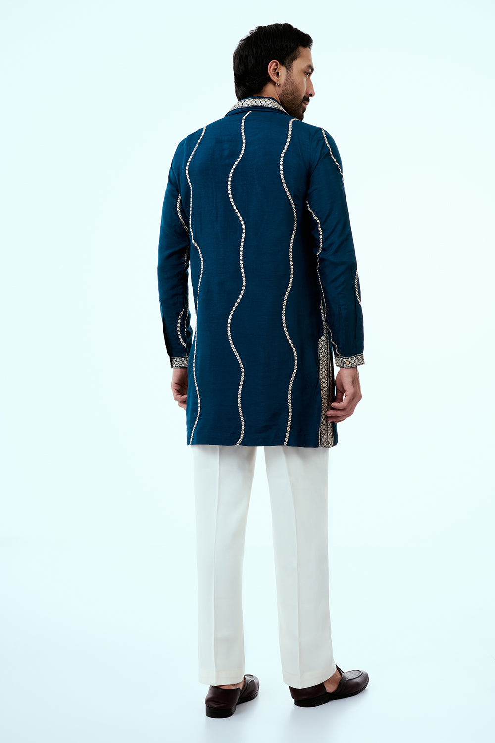 Peacock Blue Nokia Silk Mens Kurta Set with Mirror and Embroidered Work