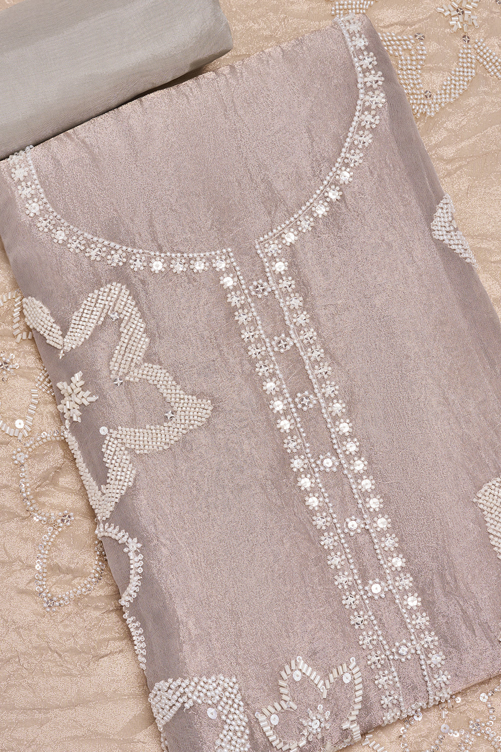 Pearl Grey Floral Embroidered Unstitched Suit Set