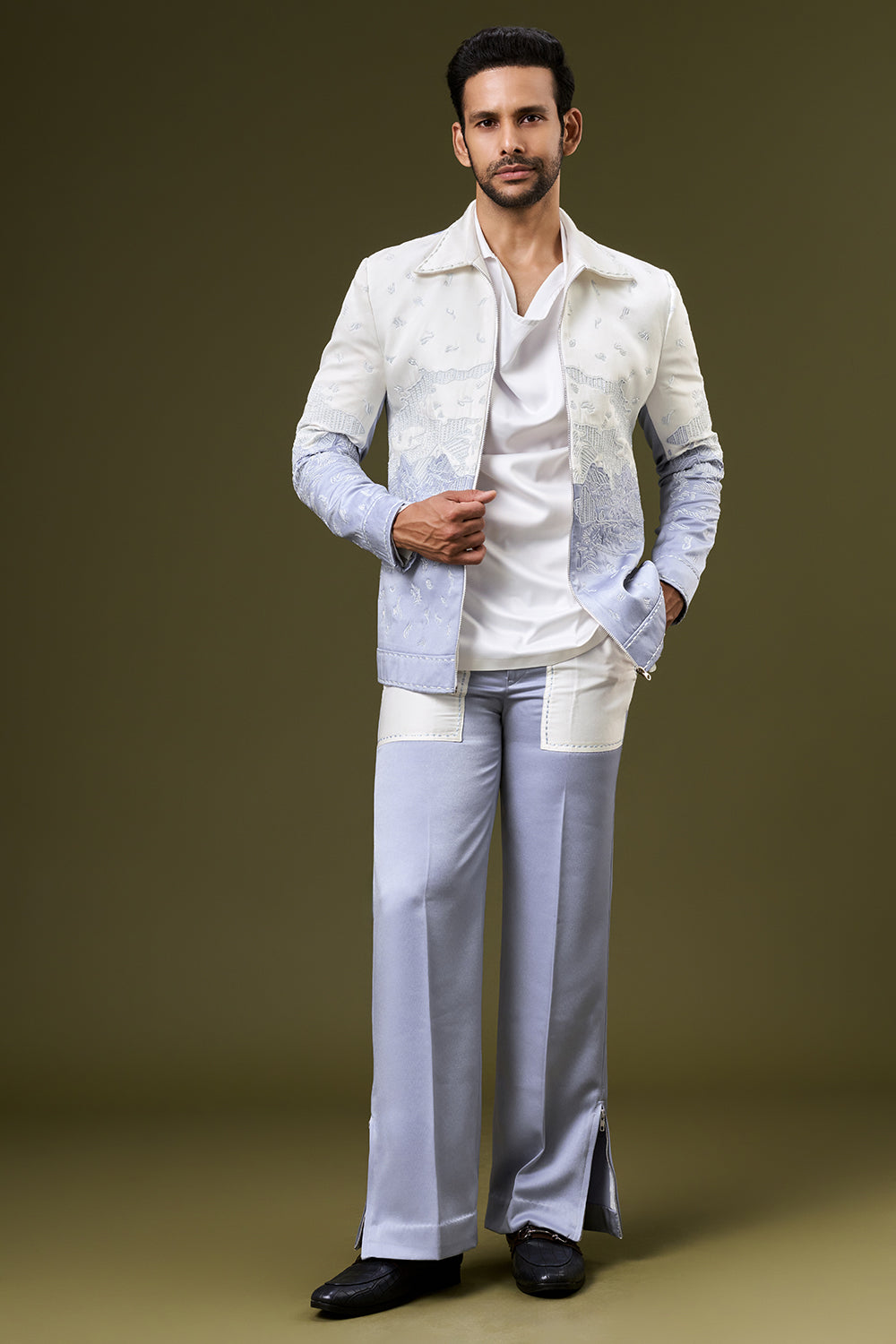 Periwinkle Blue Ombre Satin Mens Indo Western Set with Cut Dana Work