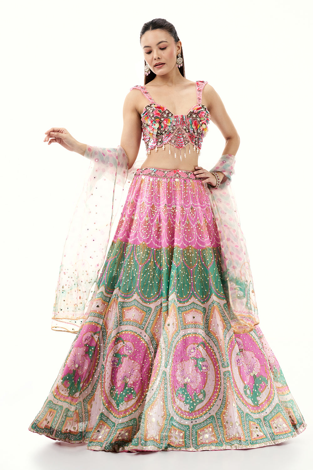 Pink 3D Floral Sequins Lehenga with Tassels