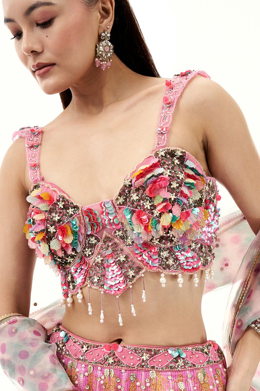 Pink 3D Floral Sequins Lehenga with Tassels