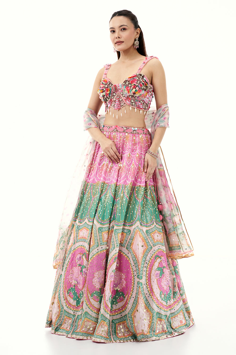 Pink 3D Floral Sequins Lehenga with Tassels
