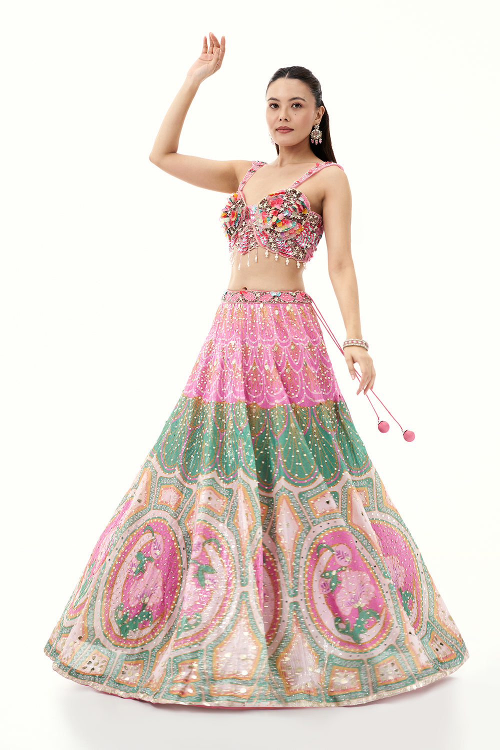 Pink 3D Floral Sequins Lehenga with Tassels