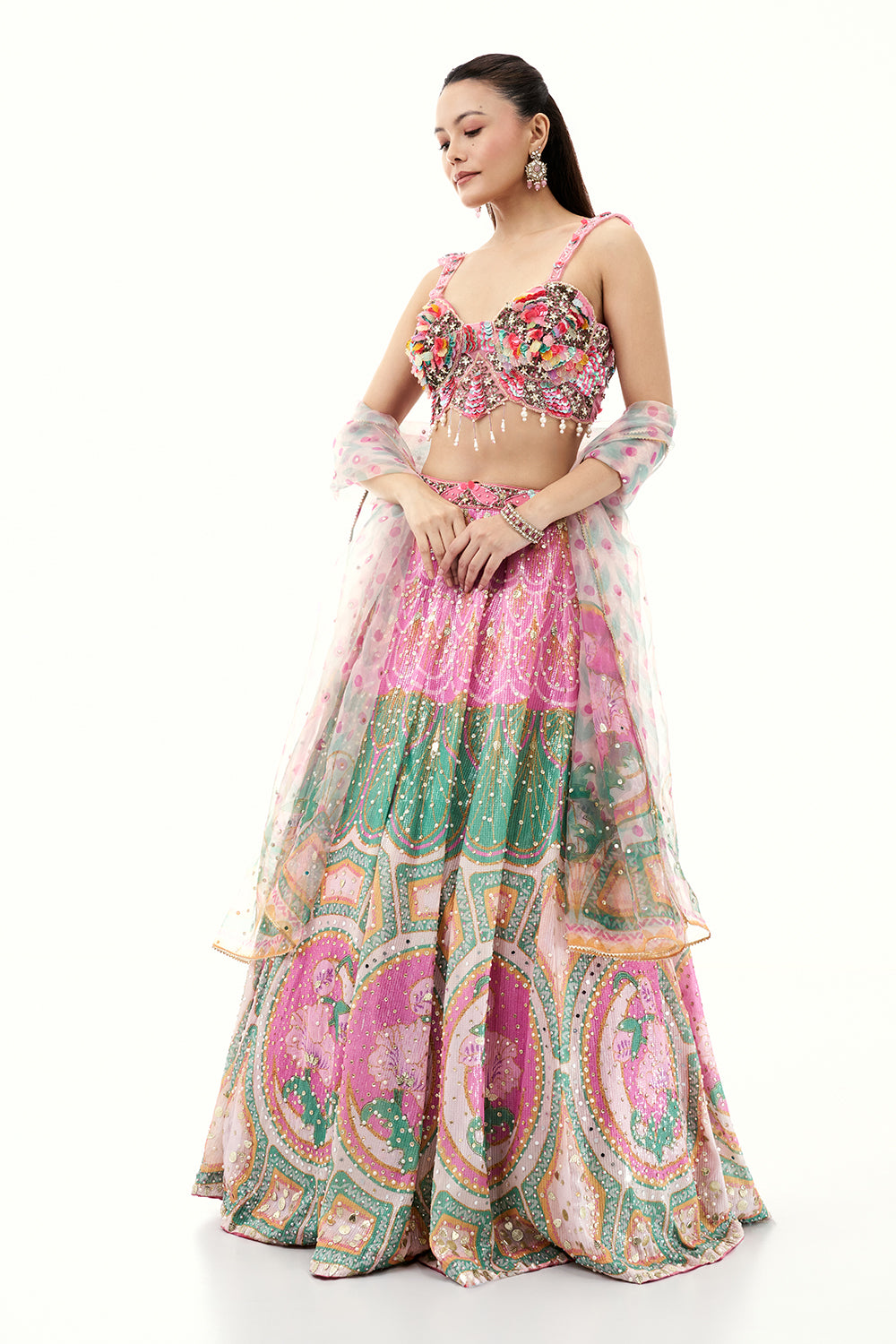 Pink 3D Floral Sequins Lehenga with Tassels