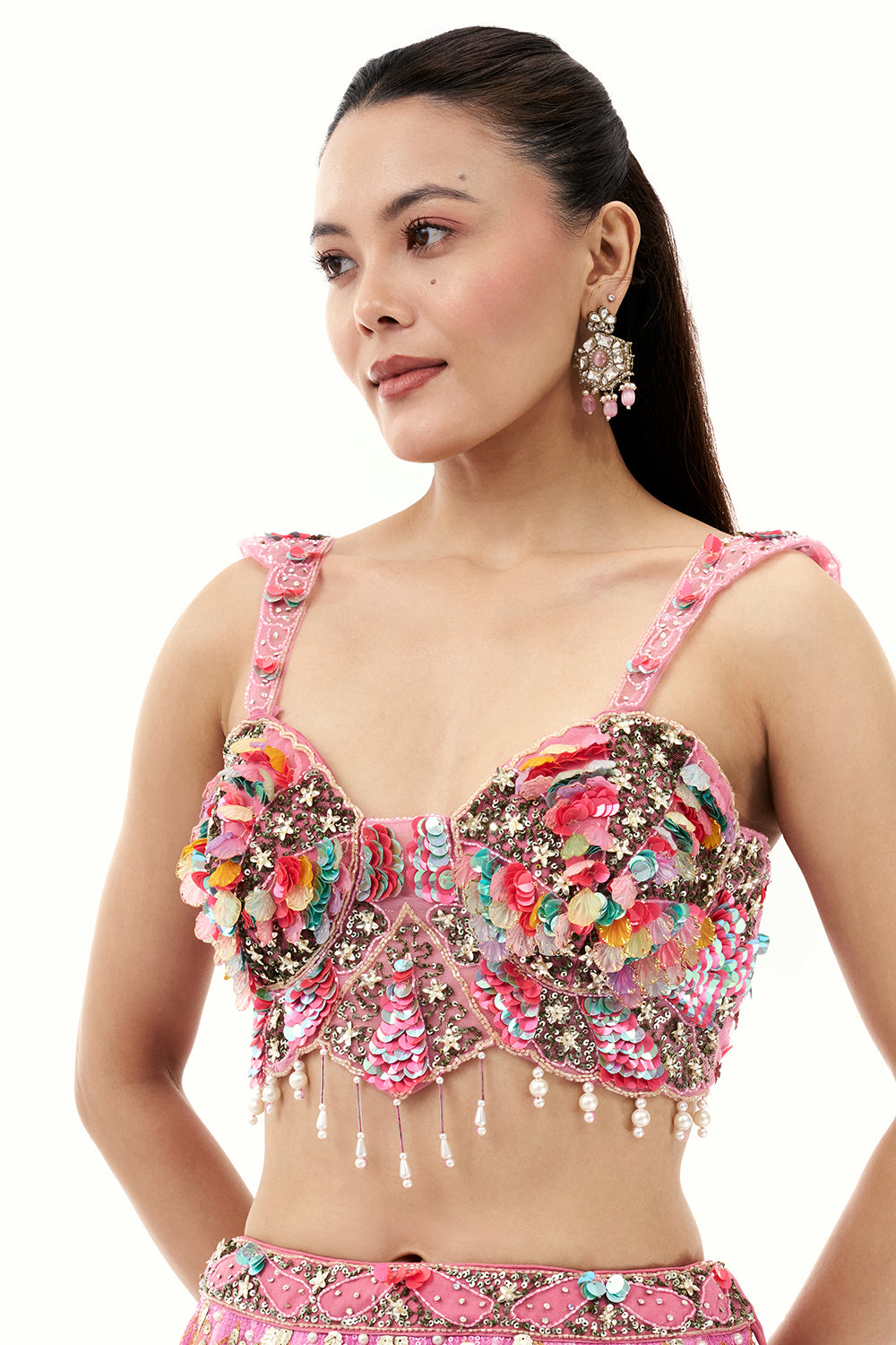 Pink 3D Floral Sequins Lehenga with Tassels