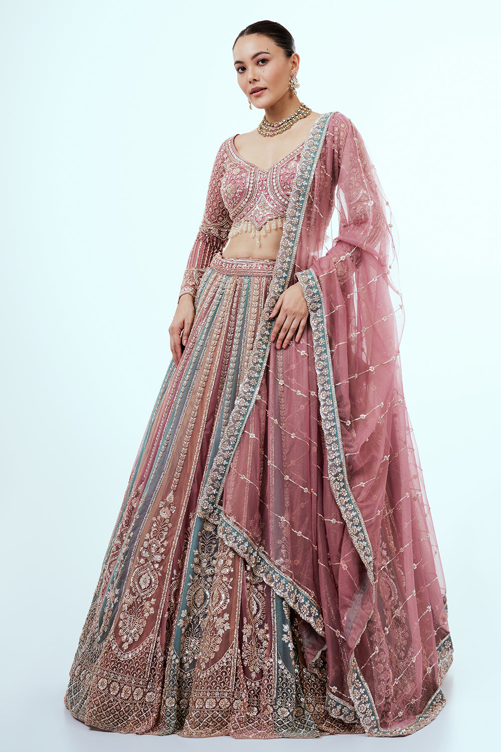 Pink and Aqua Kalidar Net Lehenga with Sequins and Bead Work