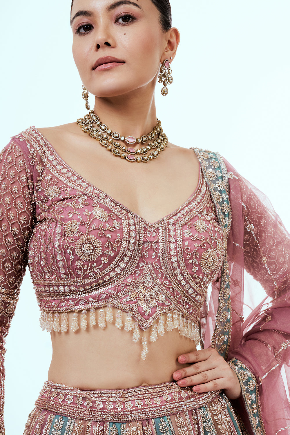 Pink and Aqua Kalidar Net Lehenga with Sequins and Bead Work
