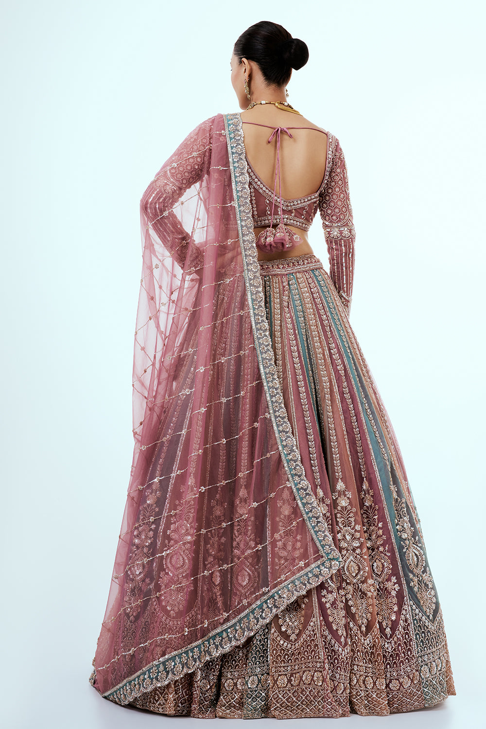 Pink and Aqua Kalidar Net Lehenga with Sequins and Bead Work