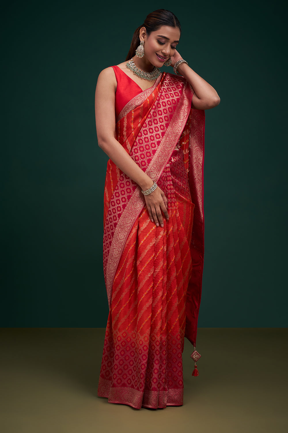 Pink and Orange Banarasi Silk Leheriya-Inspired Print Saree with Unstitched Blouse