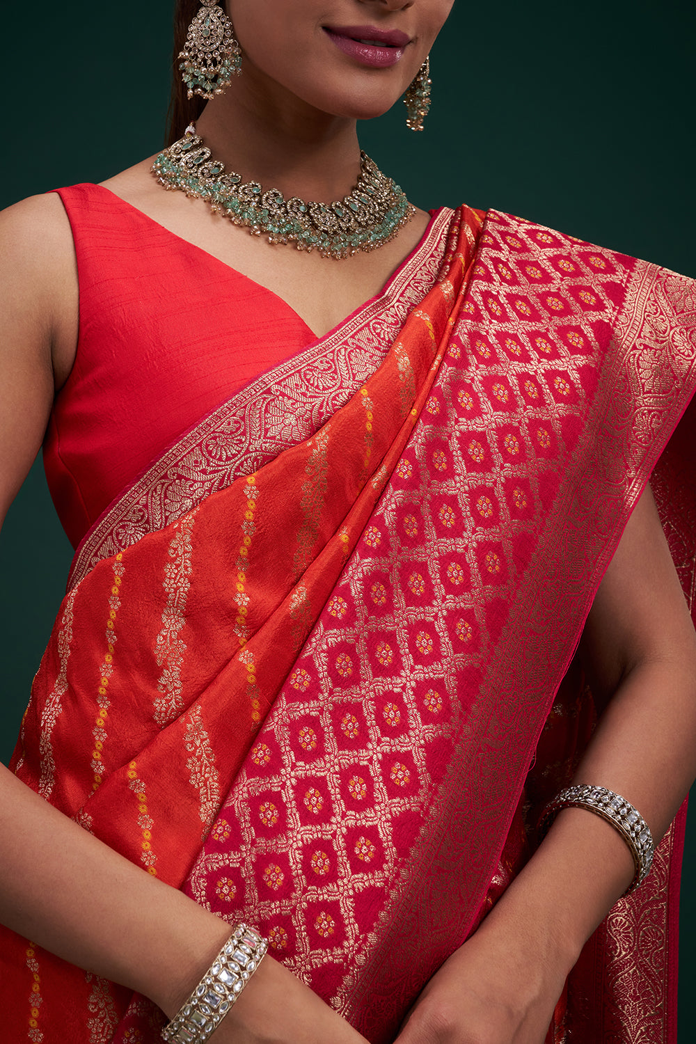 Pink and Orange Banarasi Silk Leheriya-Inspired Print Saree with Unstitched Blouse