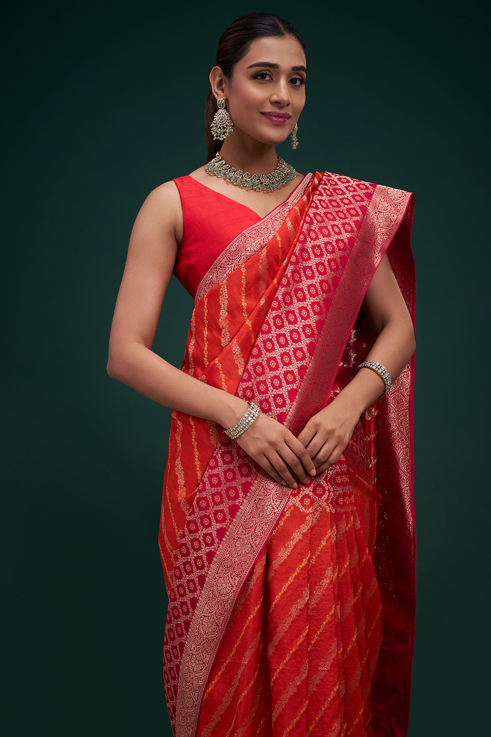 Pink and Orange Banarasi Silk Leheriya-Inspired Print Saree with Unstitched Blouse
