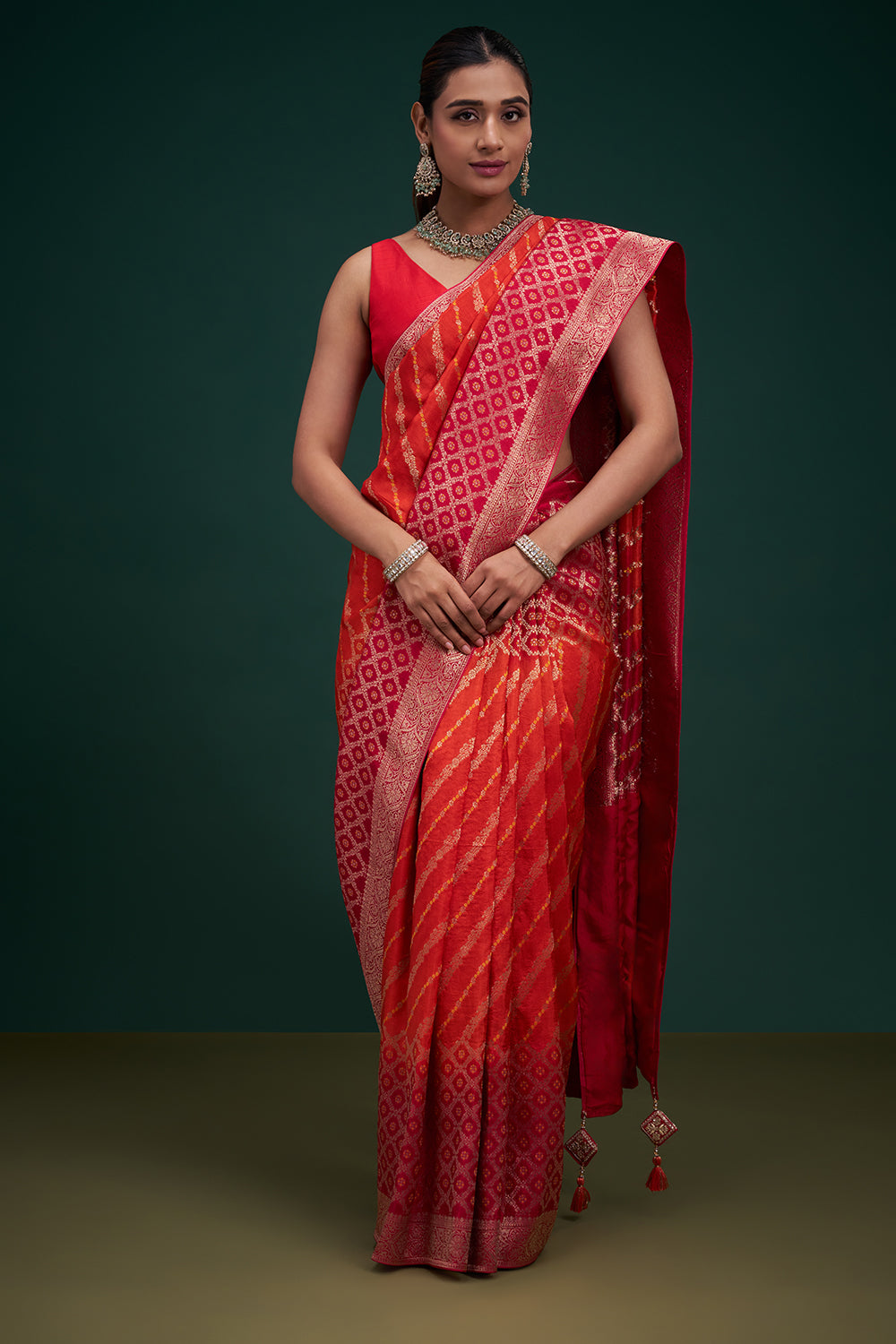 Pink and Orange Banarasi Silk Leheriya-Inspired Print Saree with Unstitched Blouse