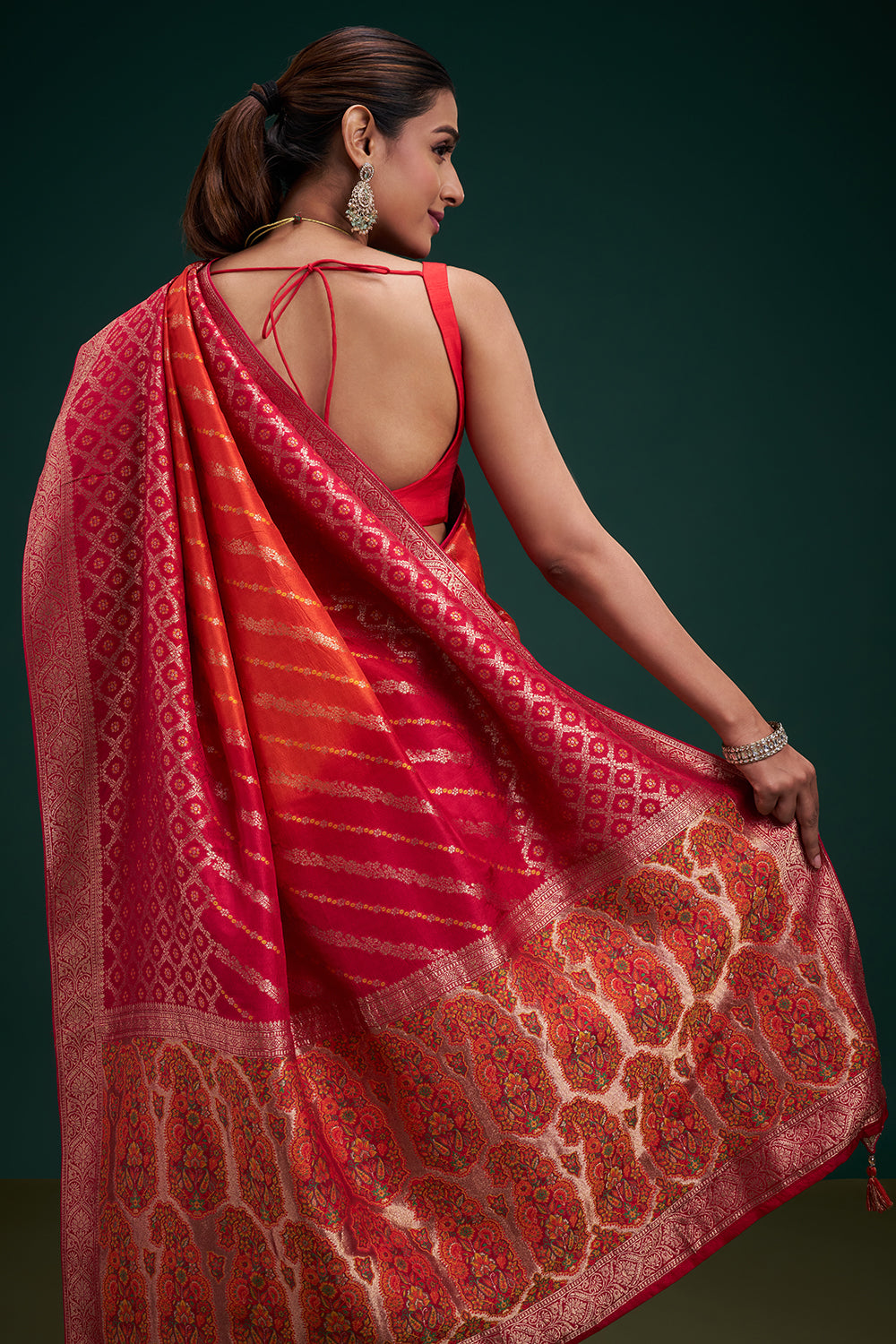 Pink and Orange Banarasi Silk Leheriya-Inspired Print Saree with Unstitched Blouse