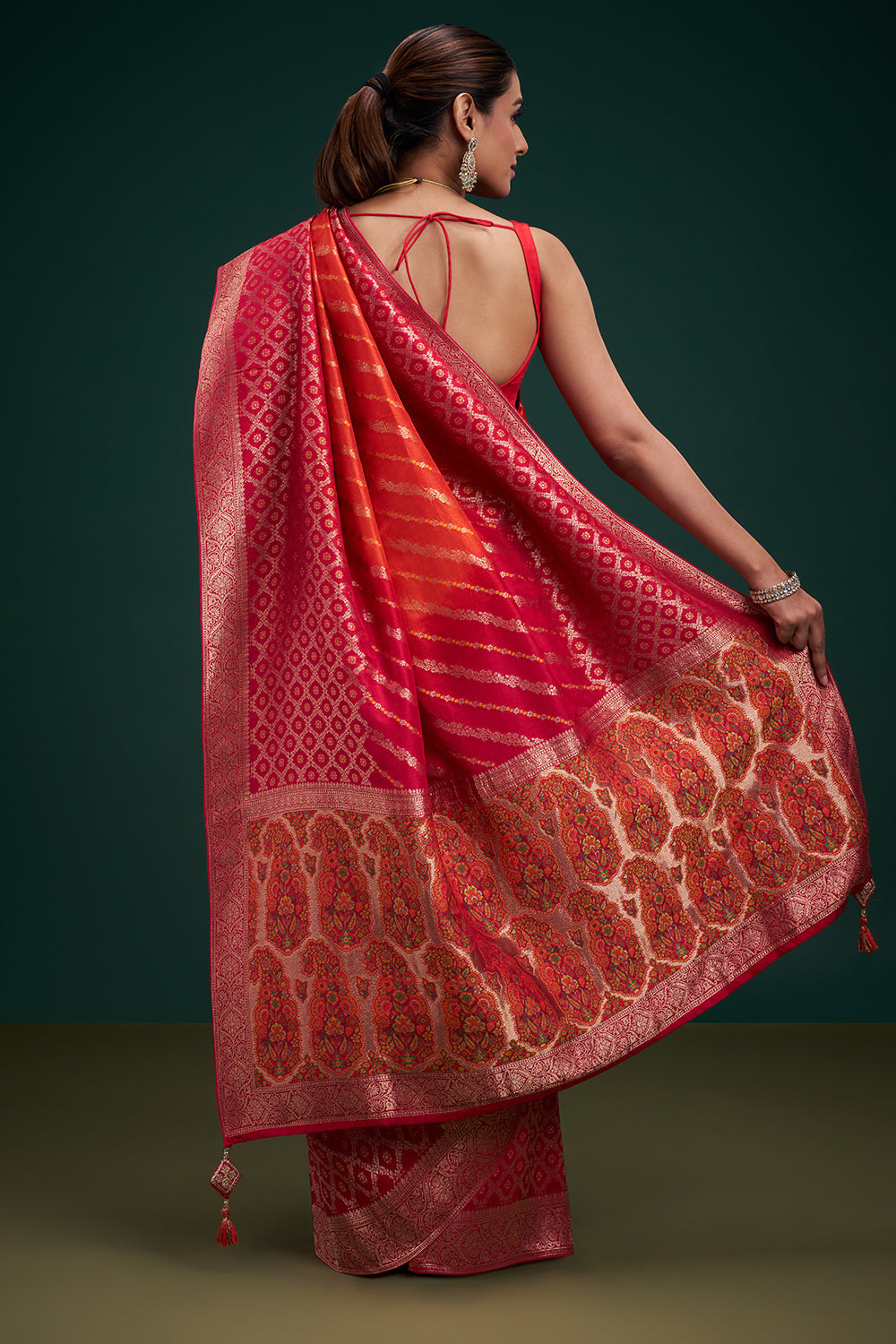 Pink and Orange Banarasi Silk Leheriya-Inspired Print Saree with Unstitched Blouse