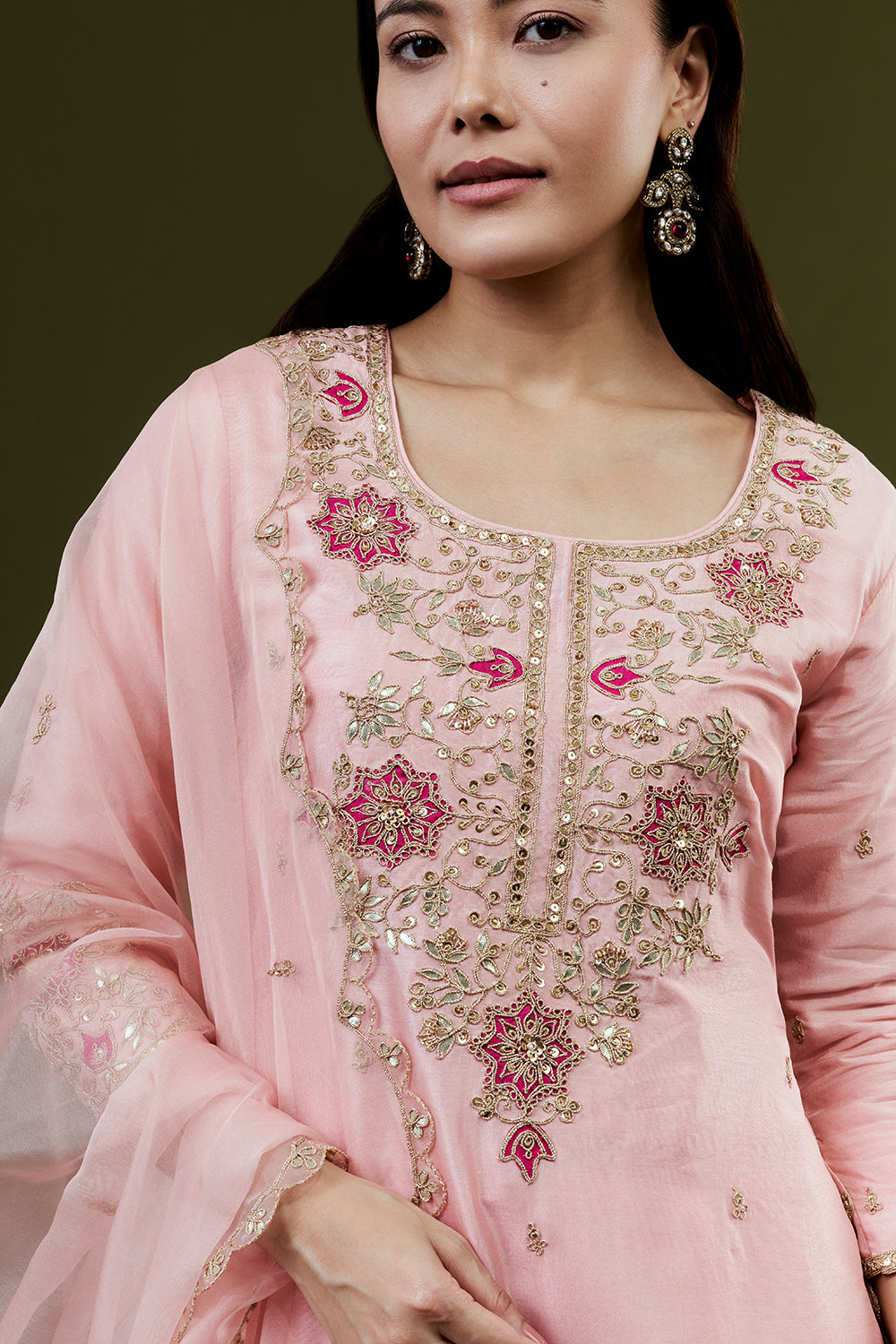 Pink Art Silk Palazzo Suit Set with Zardosi Work