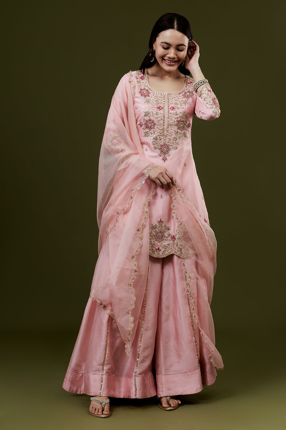 Pink Art Silk Palazzo Suit Set with Zardosi Work